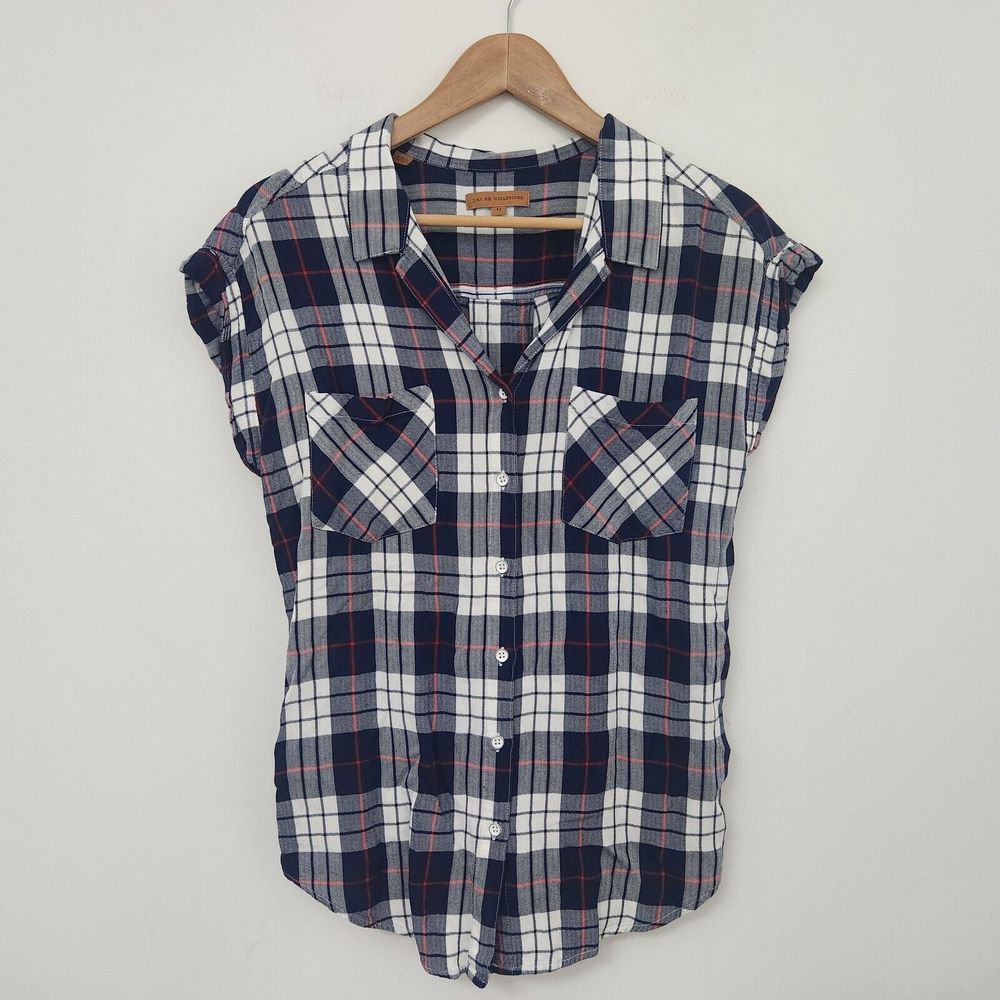 JACHS GIRLFRIEND Women's Blue Plaid Short Sleeve Button Up Shirt Size M